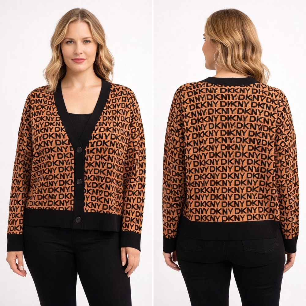 DKNY Jeans NWT Monogram Knit Cardigan Button Front Sweater Womens Size Large